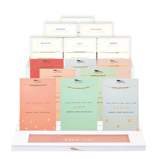 Lucky Feather - Morse Code Necklace + Bracelet BUNDLE i- 52 pc + display