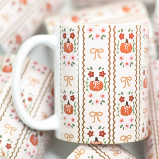 Mugsby - Fall Coquette Coffee Mug, Fall Coffee Mug, Pumpkins and Bows