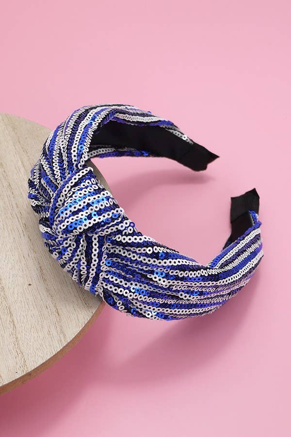 JOSSLYN by Wall to Wall - SEQUIN STRIPE EMBELLISHED KNOT HEADBAND | 40HB145: Blue White