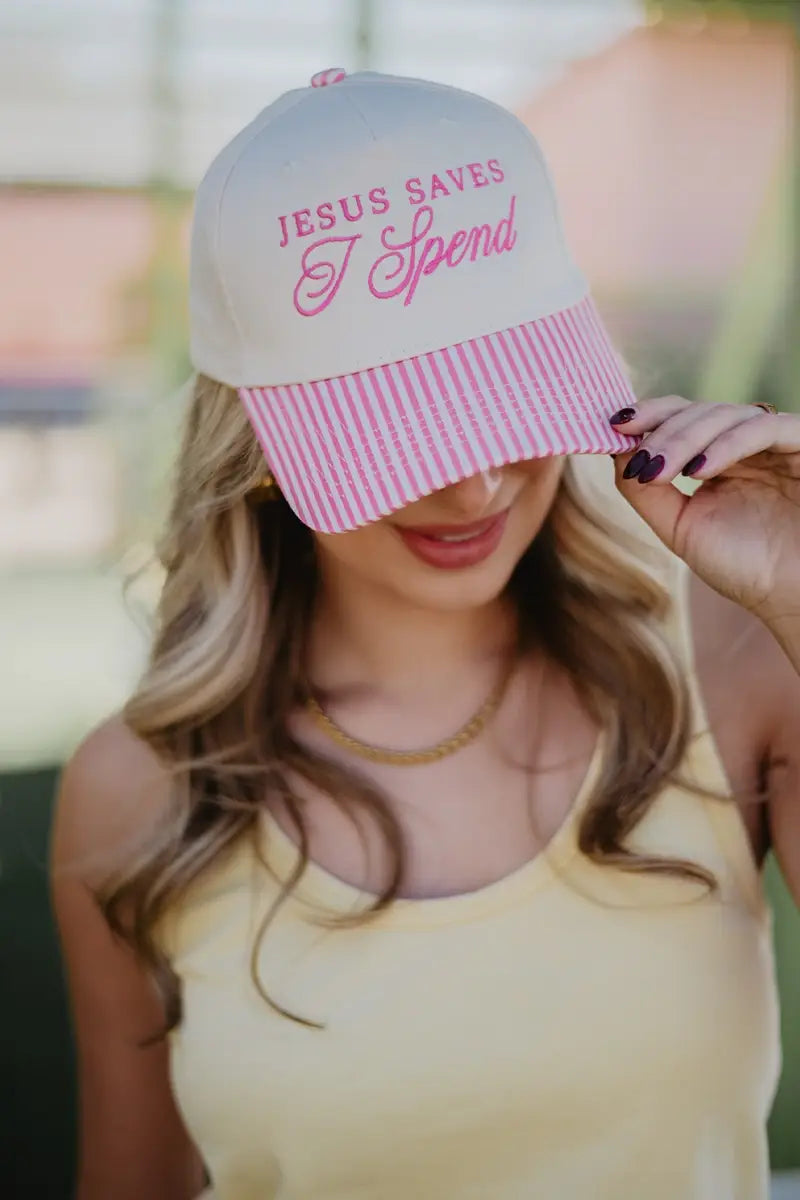 Katydid - Jesus Saves I Spend Wholesale Two-Toned Trucker Hats: Denim and Tan