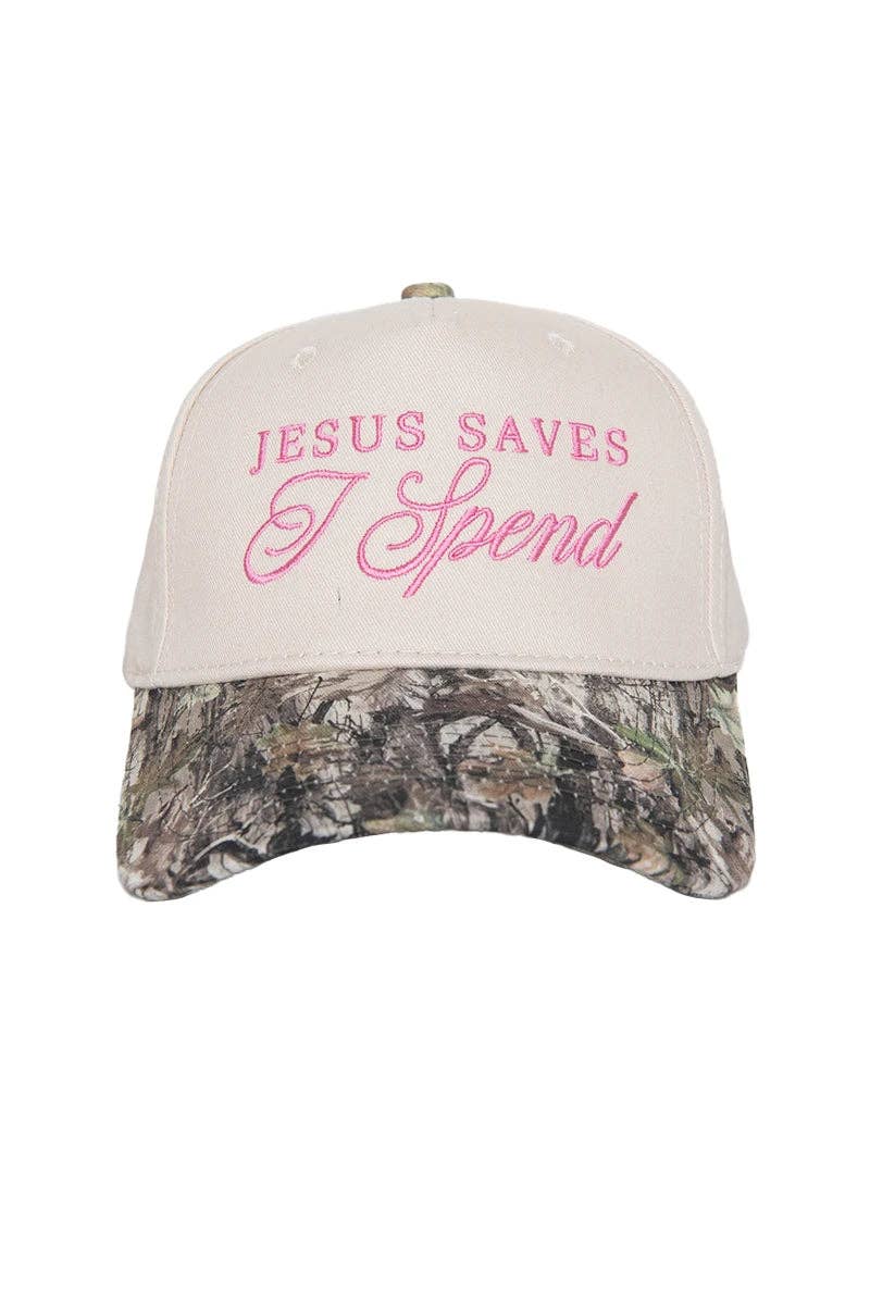 Katydid - Jesus Saves I Spend Wholesale Two-Toned Trucker Hats: Denim and Tan