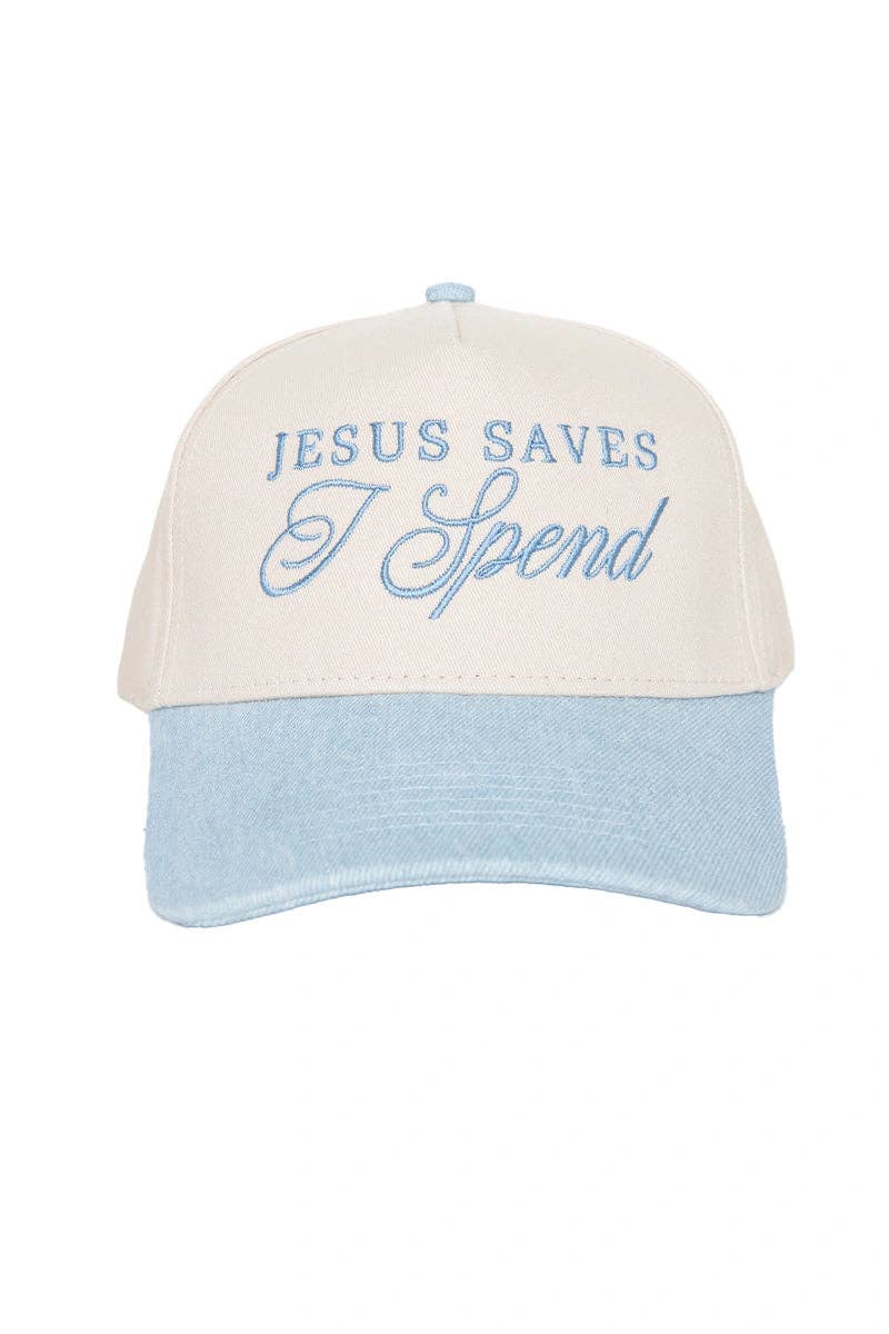 Katydid - Jesus Saves I Spend Wholesale Two-Toned Trucker Hats: Denim and Tan