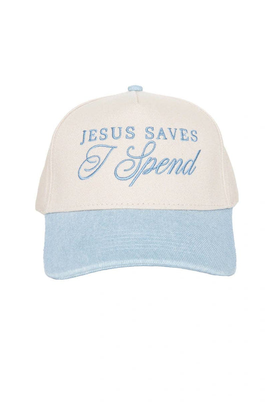 Katydid - Jesus Saves I Spend Wholesale Two-Toned Trucker Hats: Denim and Tan