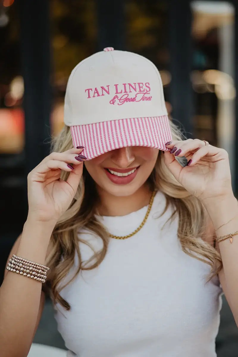 Katydid - Presale Tan Lines & Good Times Trucker Hats Two-Toned: Pink and Light Pink Stripe