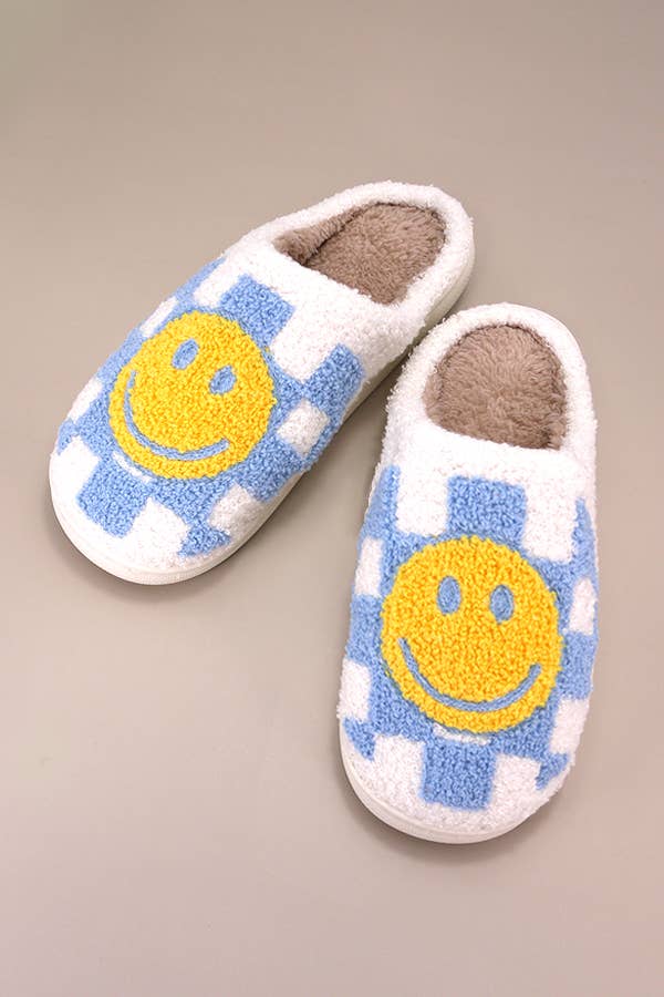 JOSSLYN by Wall to Wall - SOFT PLUSH MUSHROOM HEART RAINBOW WARM SLIPPERS | 40SP014: SMILEY CHECKER BLUE / Large