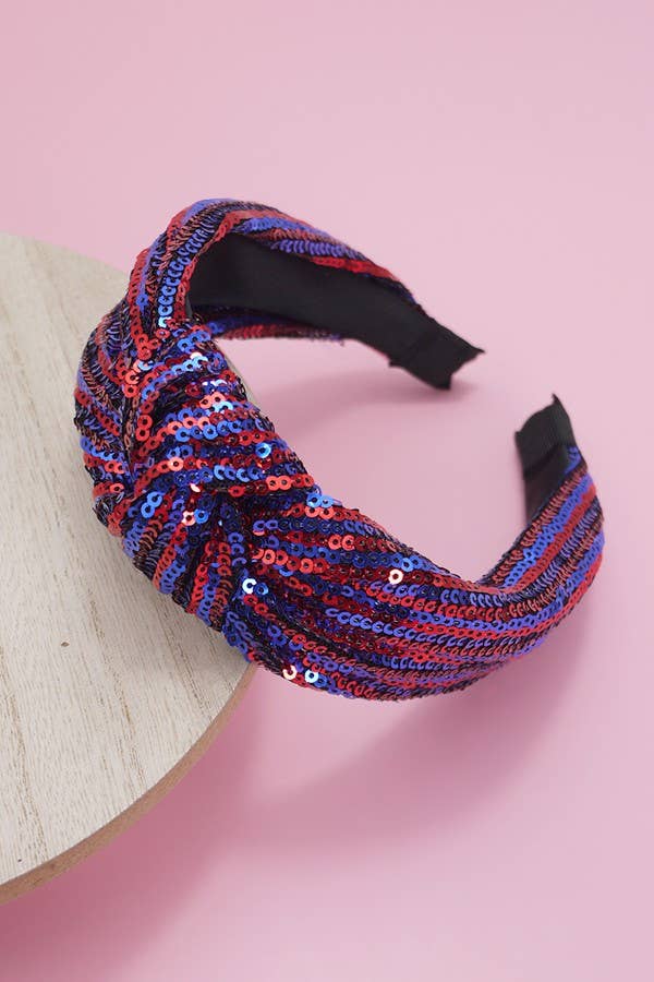 JOSSLYN by Wall to Wall - SEQUIN STRIPE EMBELLISHED KNOT HEADBAND | 40HB145: Blue White