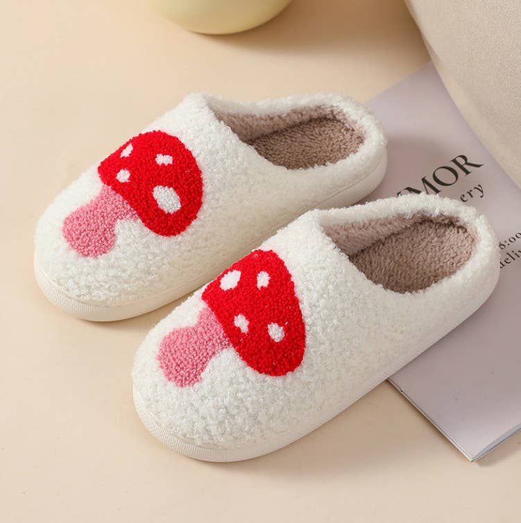 JOSSLYN by Wall to Wall - SOFT PLUSH MUSHROOM HEART RAINBOW WARM SLIPPERS | 40SP014: SMILEY CHECKER BLUE / Large