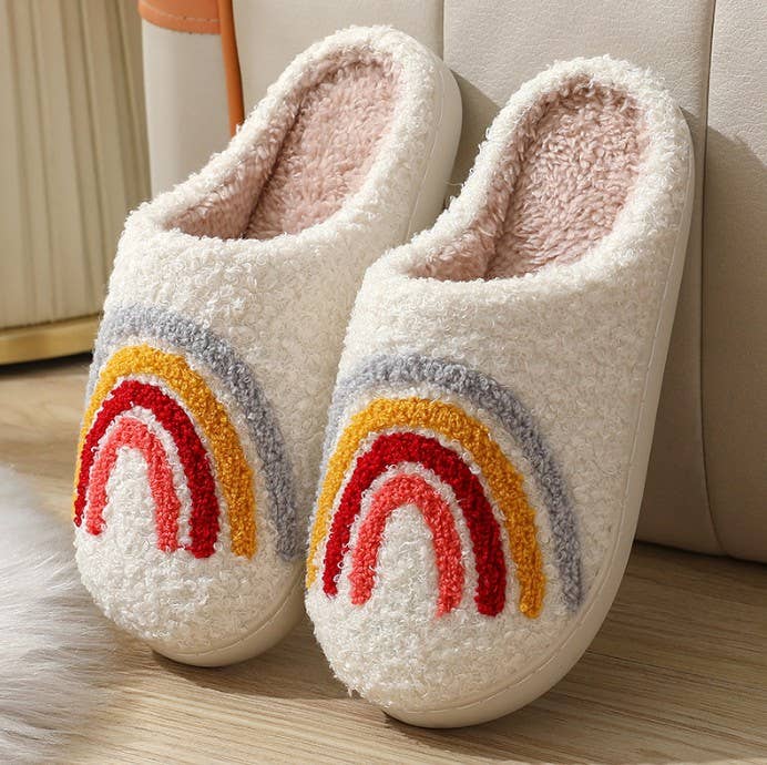 JOSSLYN by Wall to Wall - SOFT PLUSH MUSHROOM HEART RAINBOW WARM SLIPPERS | 40SP014: SMILEY CHECKER BLUE / Large