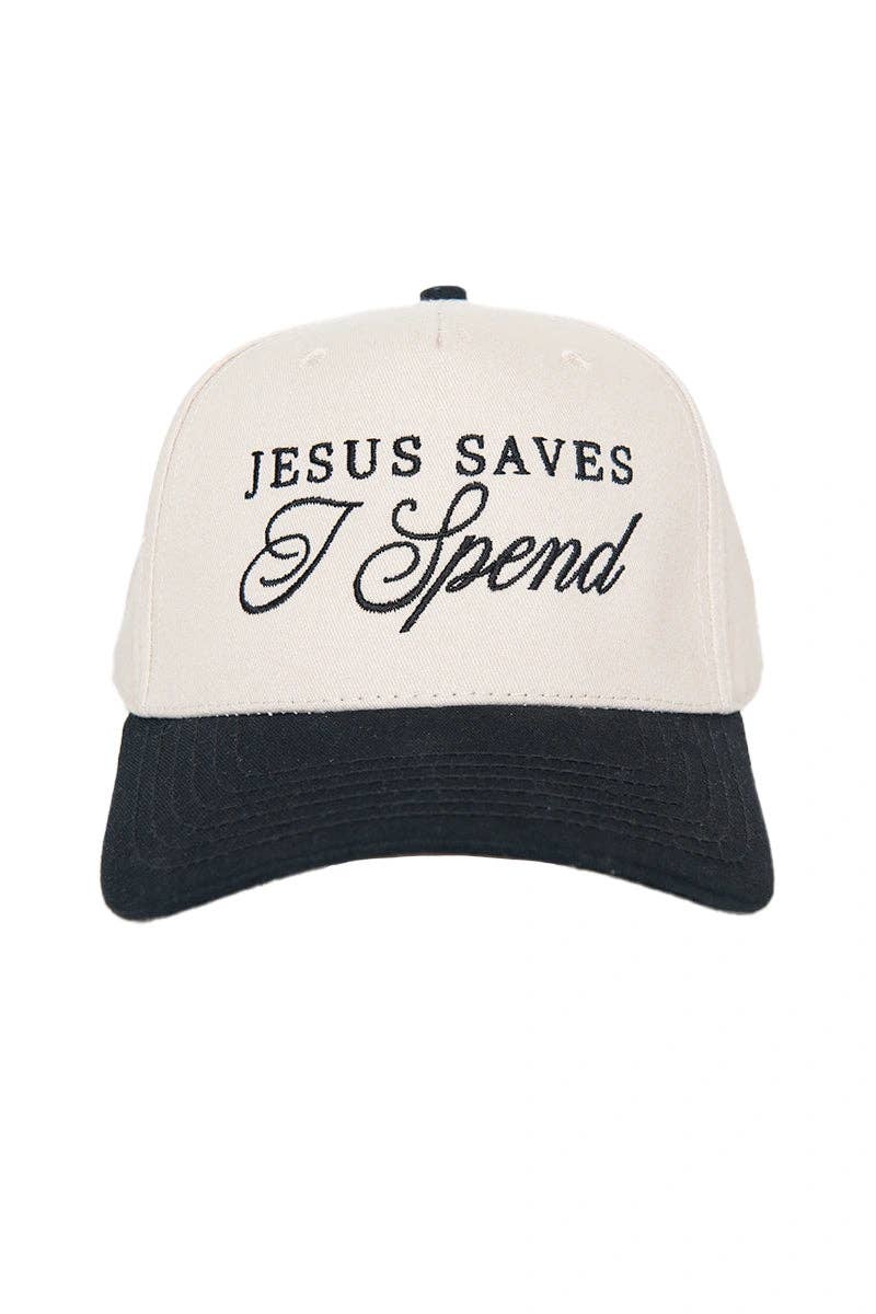 Katydid - Jesus Saves I Spend Wholesale Two-Toned Trucker Hats: Denim and Tan