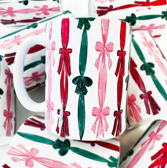 Mugsby - Christmas Bow Ribbon Ceramic Coffee Mug, Christmas Mugs, Coquette