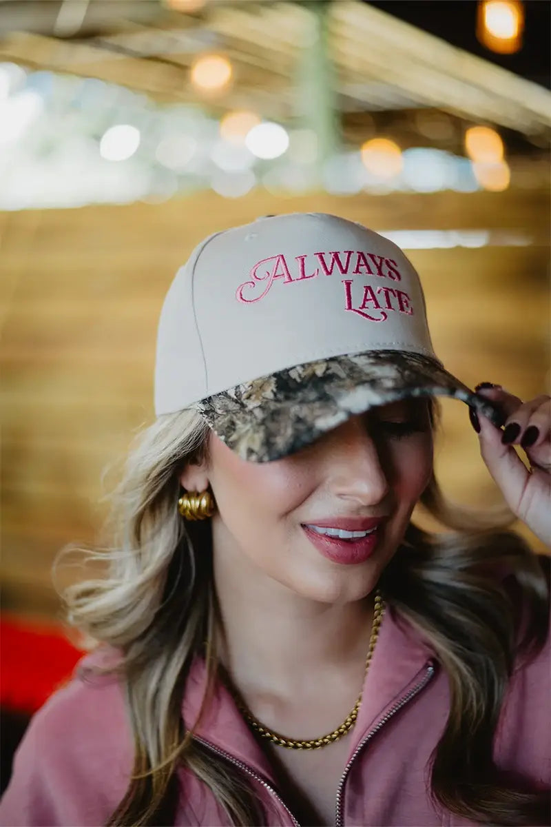 Katydid - Presale Always Late Vintage Style Trucker Hats: Camo and Tan