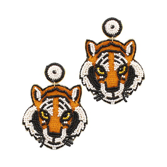 Boho Grow Studio - Seed Beaded Tiger Face Statement Drop Earrings